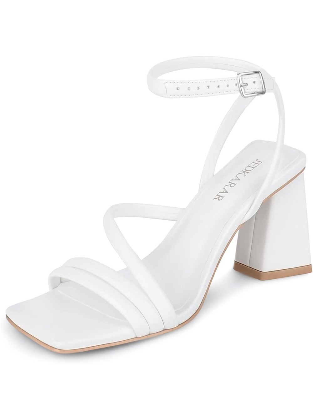 White Block Strappy Square Toe Heels